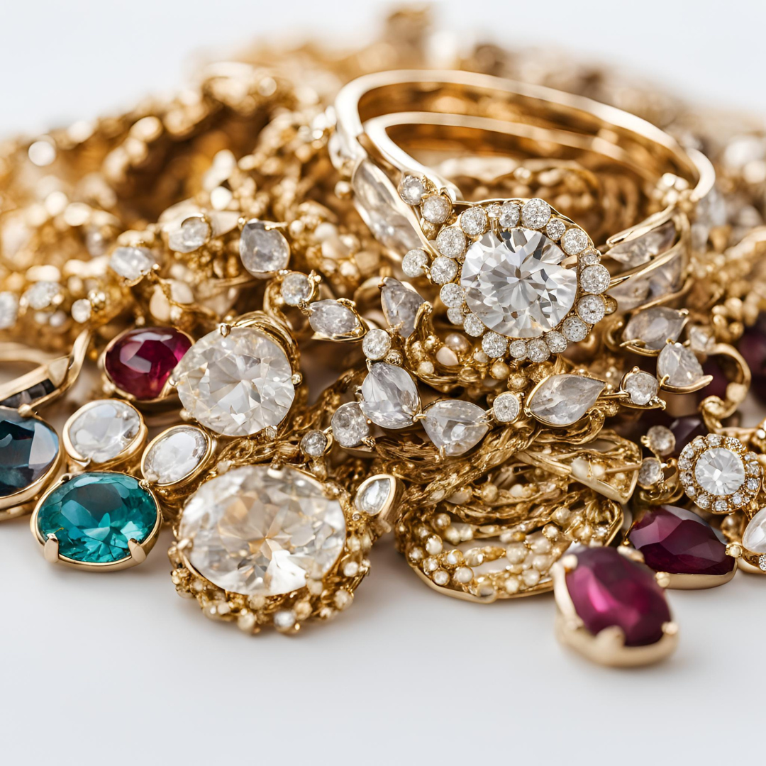 Una pila de joyas de oro con un anillo en el medio.