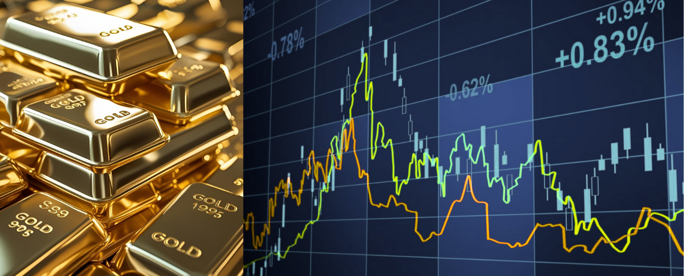 Una pila de lingotes de oro junto a un gráfico de acciones.
