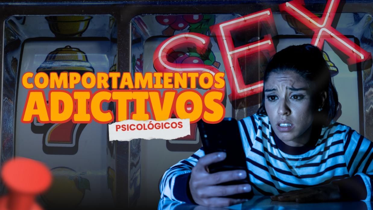 Portada sobre comportamientos adictivos, con una persona mirando el móvil en una habitación oscura y neón rojo “SEX”.