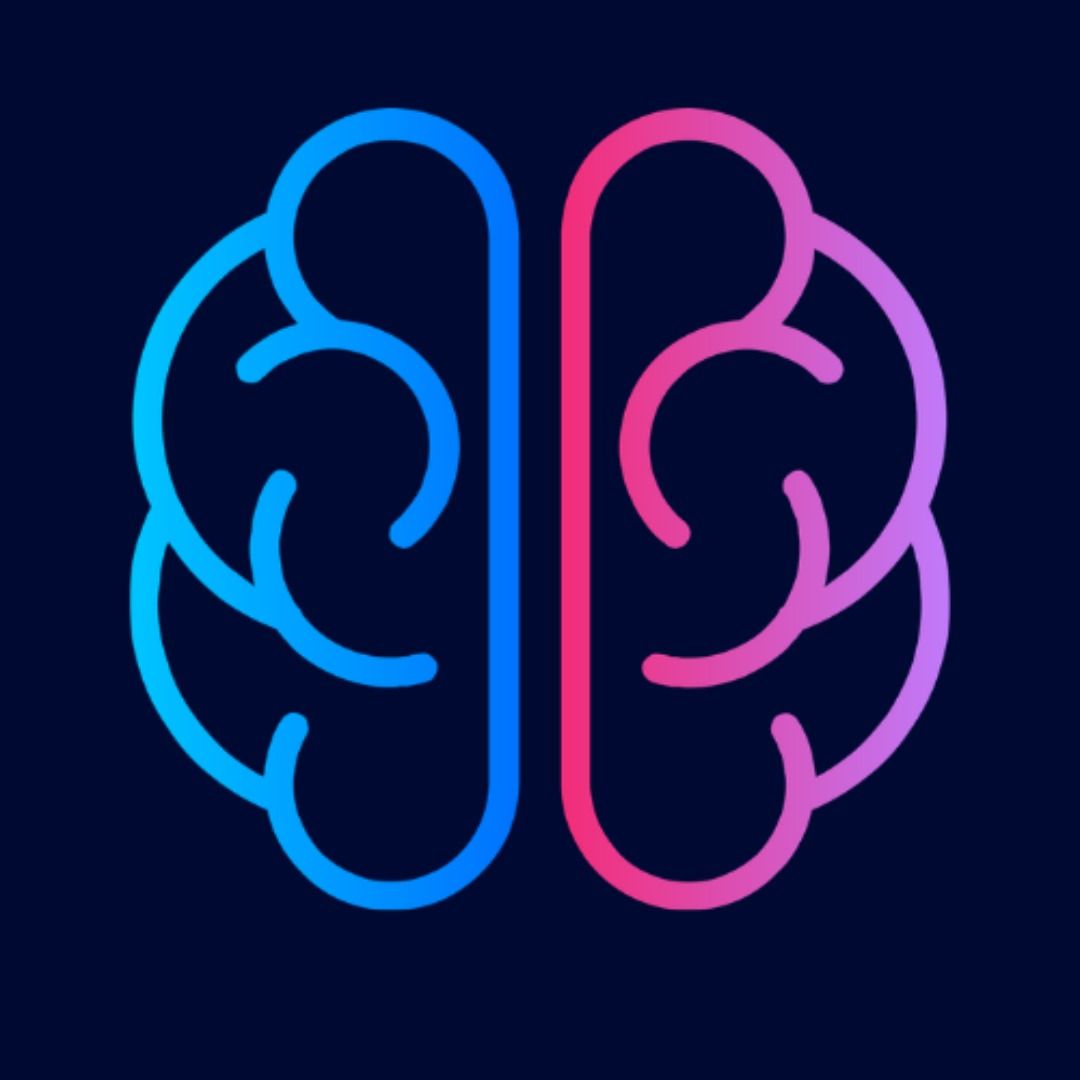 Icono de cerebro estilizado en azul neón y rosa sobre un fondo oscuro.