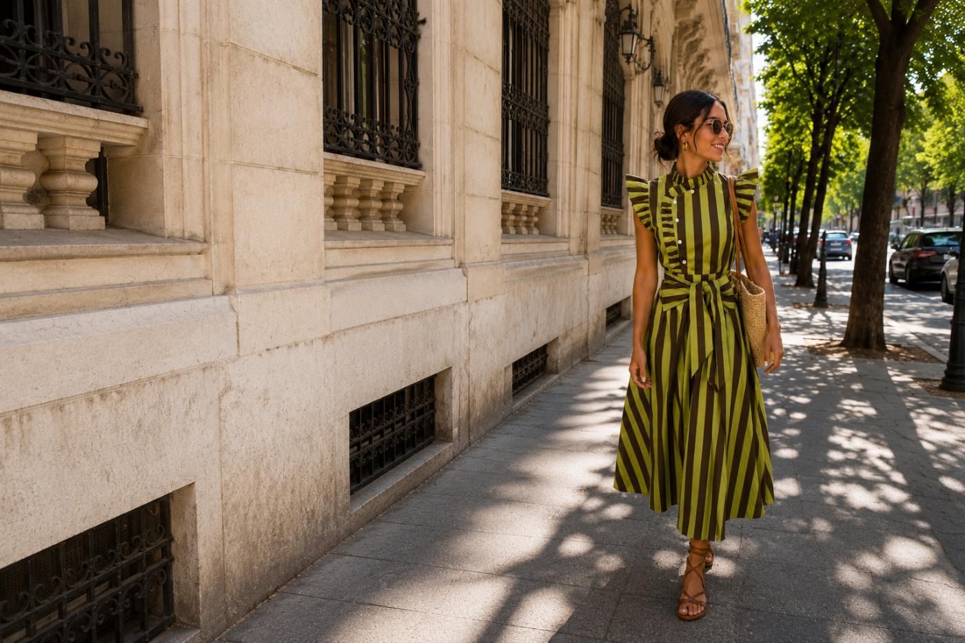 Mujer con un vestido de rayas verdes caminando por una acera soleada junto a un edificio de piedra y árboles.