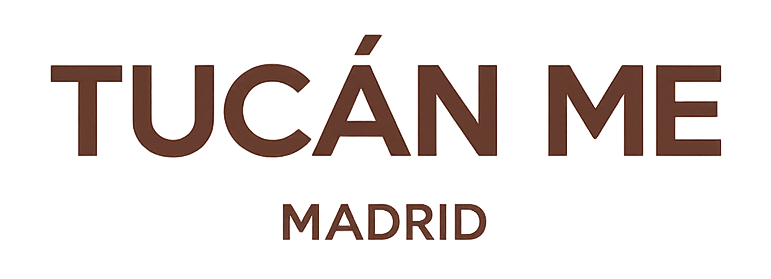 Logotipo con la inscripción “TUCÁN ME” en color marrón y la palabra “MADRID” debajo sobre un fondo blanco.