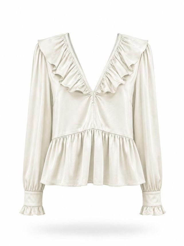 Blusa color crema de manga larga con escote en V con volantes y bajo peplum.