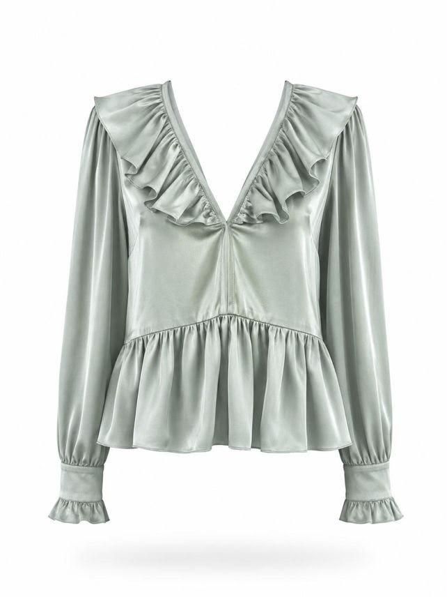 Blusa peplum de manga larga con volantes, escote en V profundo y puños fruncidos, en color verde salvia claro.