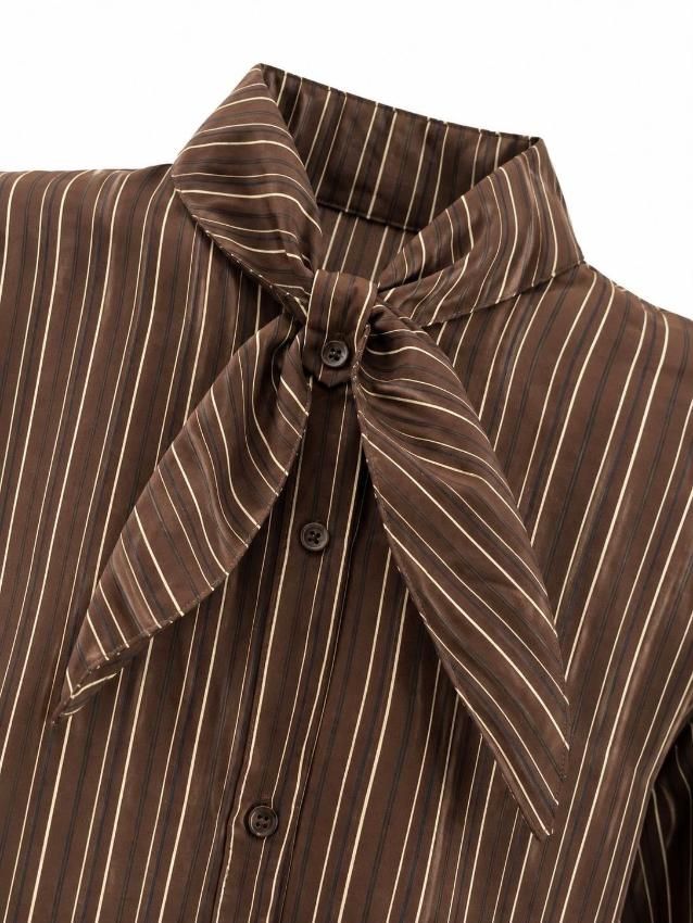 Blusa marrón de rayas finas con una gran pajarita y botones.