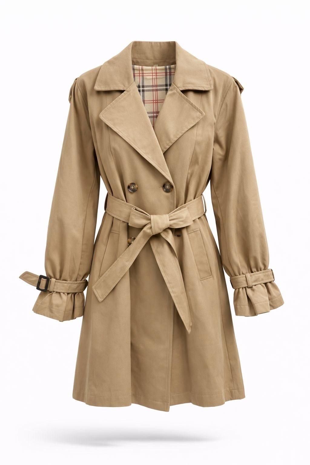 Gabardina beige de doble botonadura con cinturón y puños con volantes sobre fondo blanco.