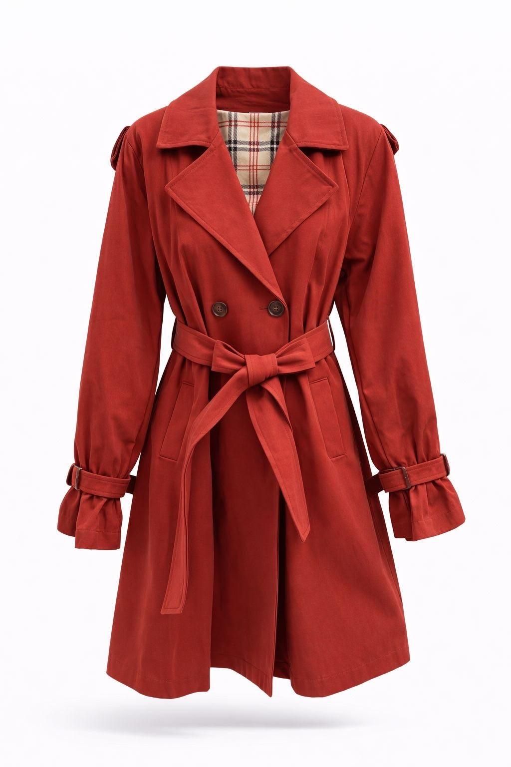 Gabardina roja con cinturón, puños con volantes y forro a cuadros sobre fondo blanco.