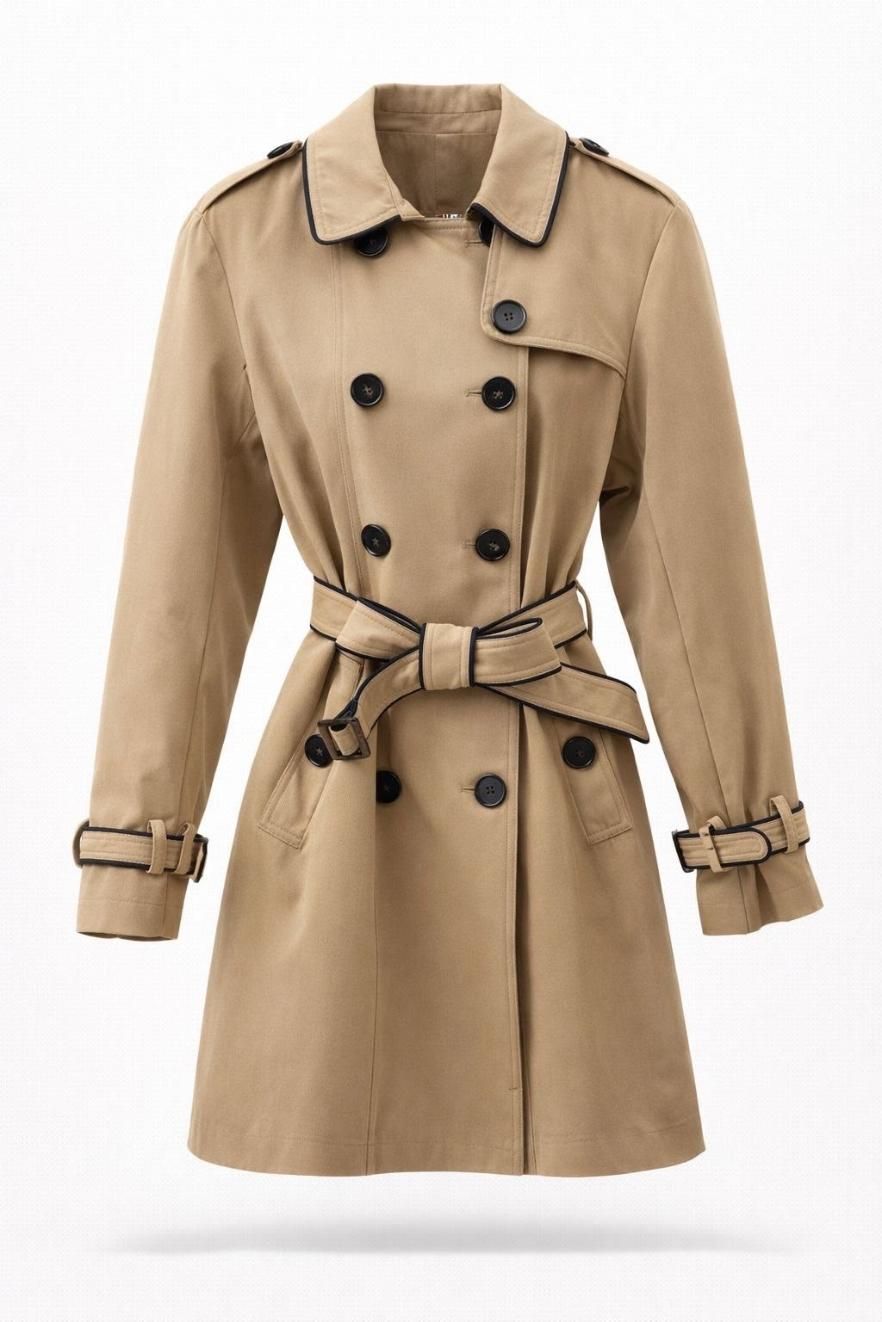 Gabardina beige con doble botonadura de botones negros y cinturón anudado.