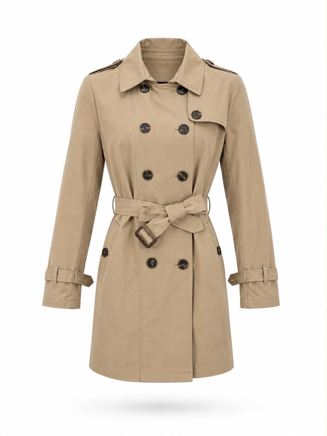 Gabardina beige de doble botonadura con cinturón y detalles de botones, mostrada sobre un fondo blanco.
