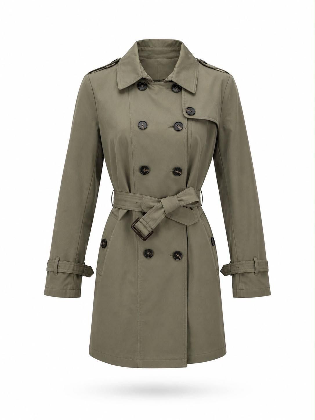 Gabardina cruzada de color verde oliva con cinturón y correas en los puños sobre fondo blanco.