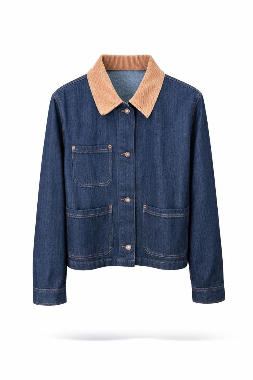 Chaqueta vaquera azul con cuello de pana color camel, bolsillos delanteros y cierre de botones sobre fondo blanco.
