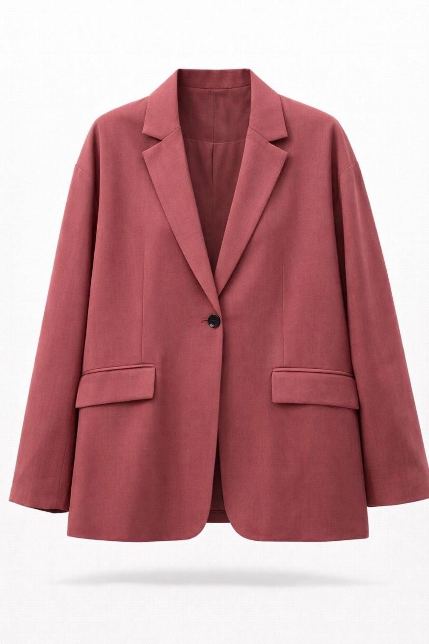 Blazer entallado de color rosa palo con solapas de muesca y bolsillos con solapa sobre fondo blanco.