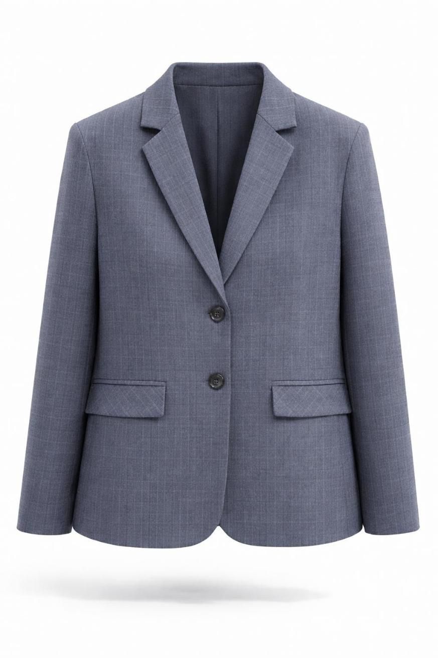 Blazer gris entallado con solapas de muesca, tres botones y bolsillos con solapa sobre fondo blanco.