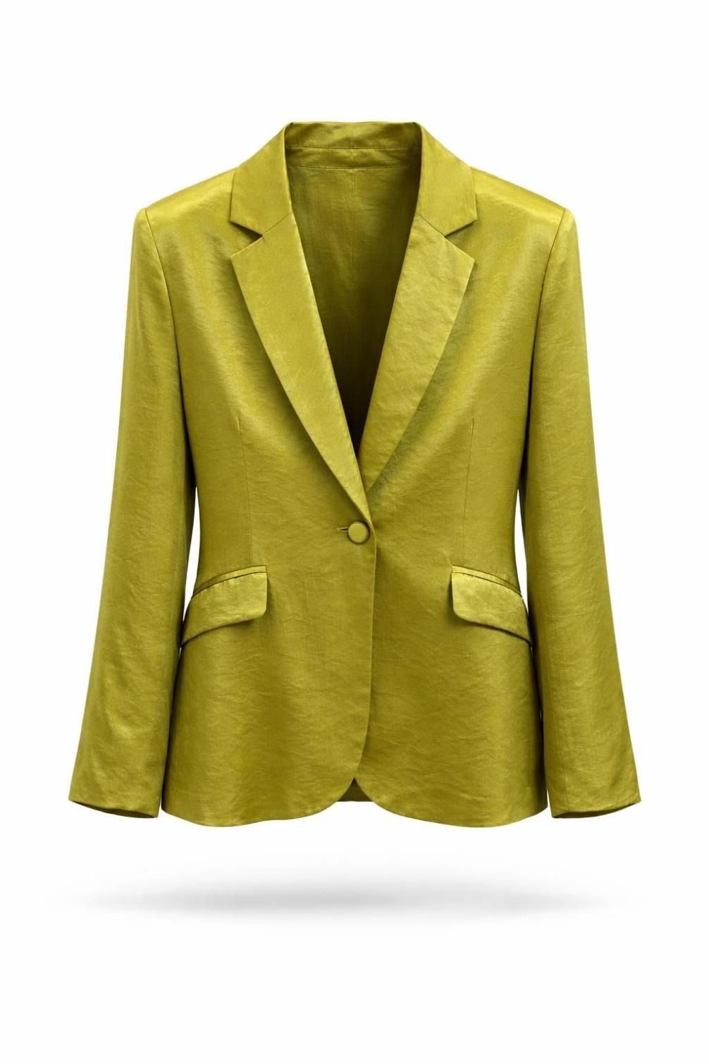 Blazer texturizado de color verde lima con solapas y dos bolsillos delanteros con solapa, mostrado sobre un fondo blanco.