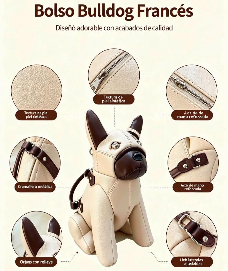 Infografía de bolso bulldog francés beige con detalles marrón, vista frontal y acercamientos de acabados.