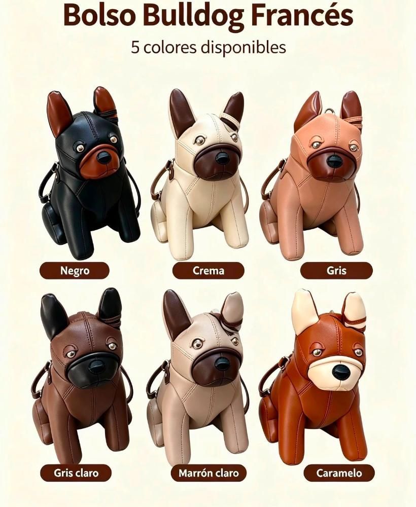 Bolso bulldog francés en 5 colores: negro, crema, gris, gris claro, marrón claro y caramelo.