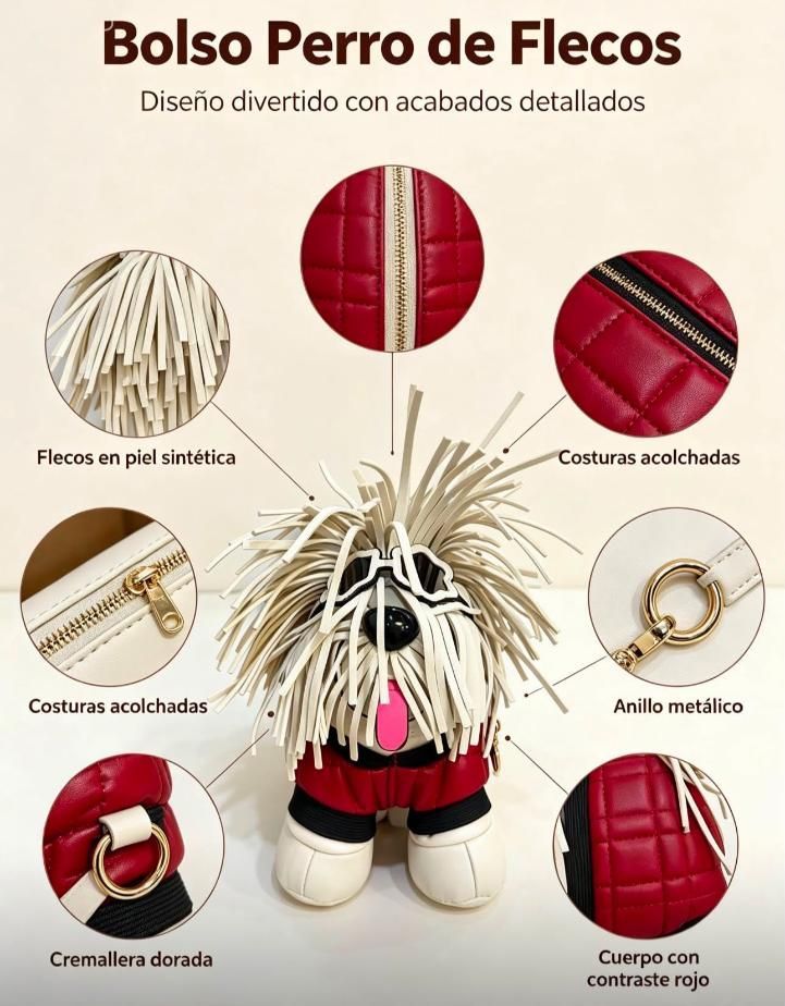 Bolso perro beige con flecos, costuras rojas y anillo metálico, con detalles señalados en círculos.