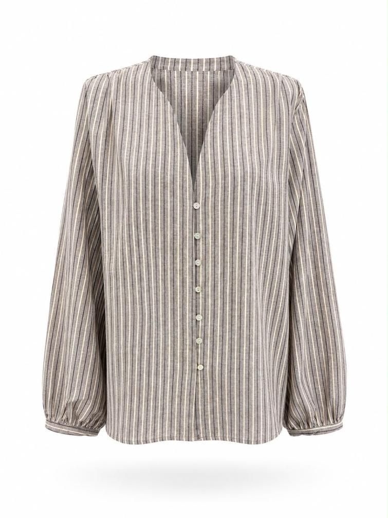 Blusa beige de manga larga a rayas con cuello en V y puños fruncidos.