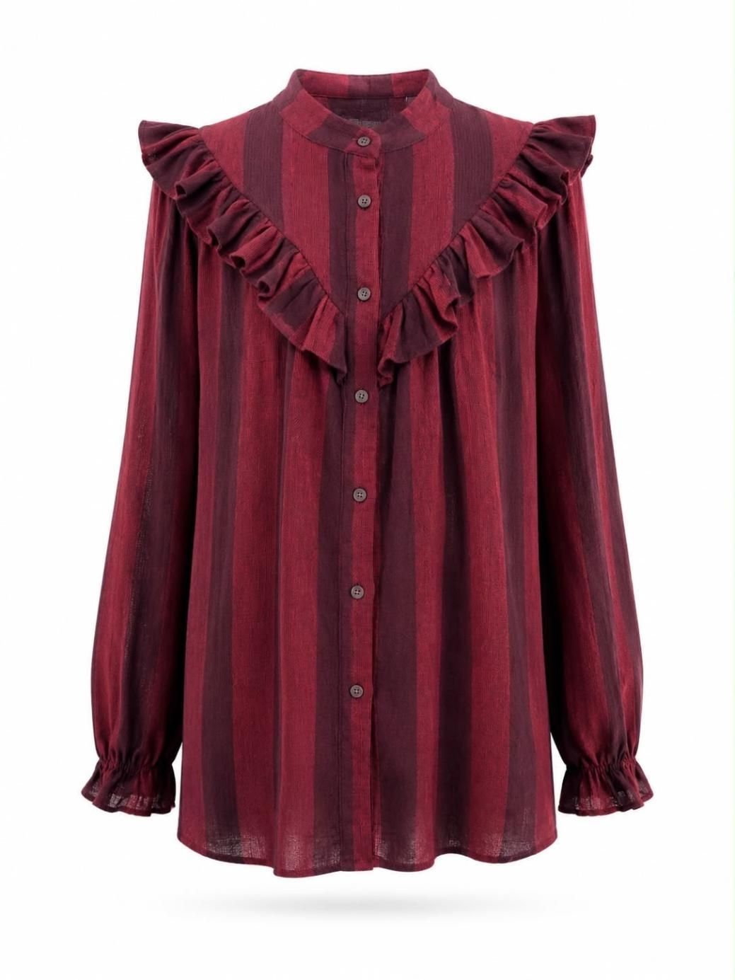Blusa de manga larga a rayas color burdeos con escote en V con volantes y cierre de botones en la parte delantera.
