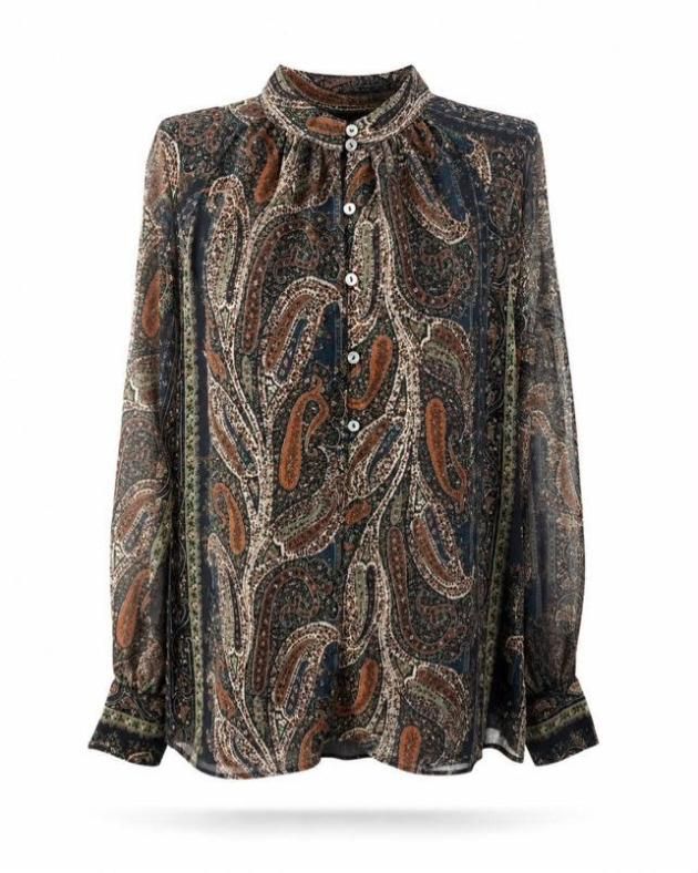 Blusa de manga larga estampada con cierre de botones en la parte delantera y cuello con volantes en estampado paisley oscuro.