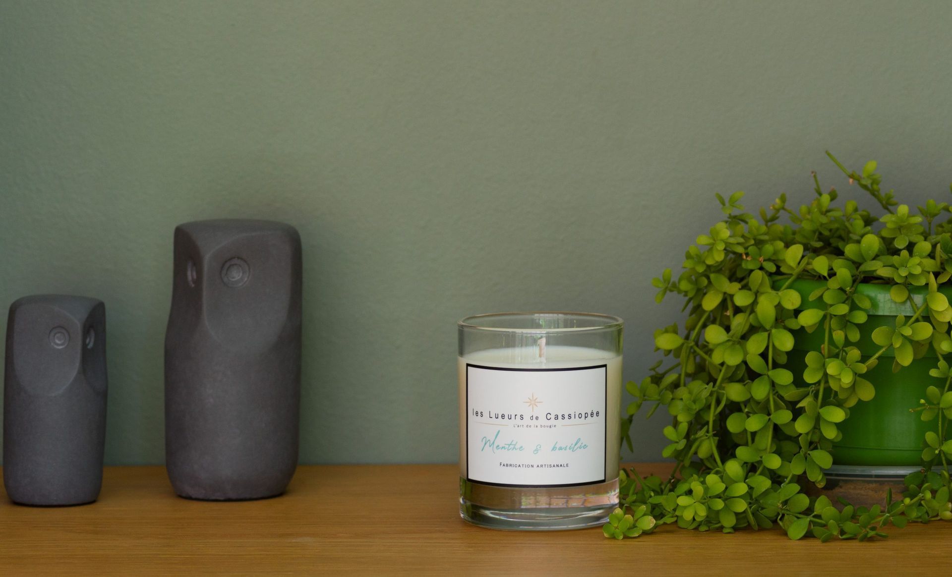 Des bougies, des vases décoratifs sombres et une petite plante verte en pot sur une étagère en bois contre un mur couleur sauge