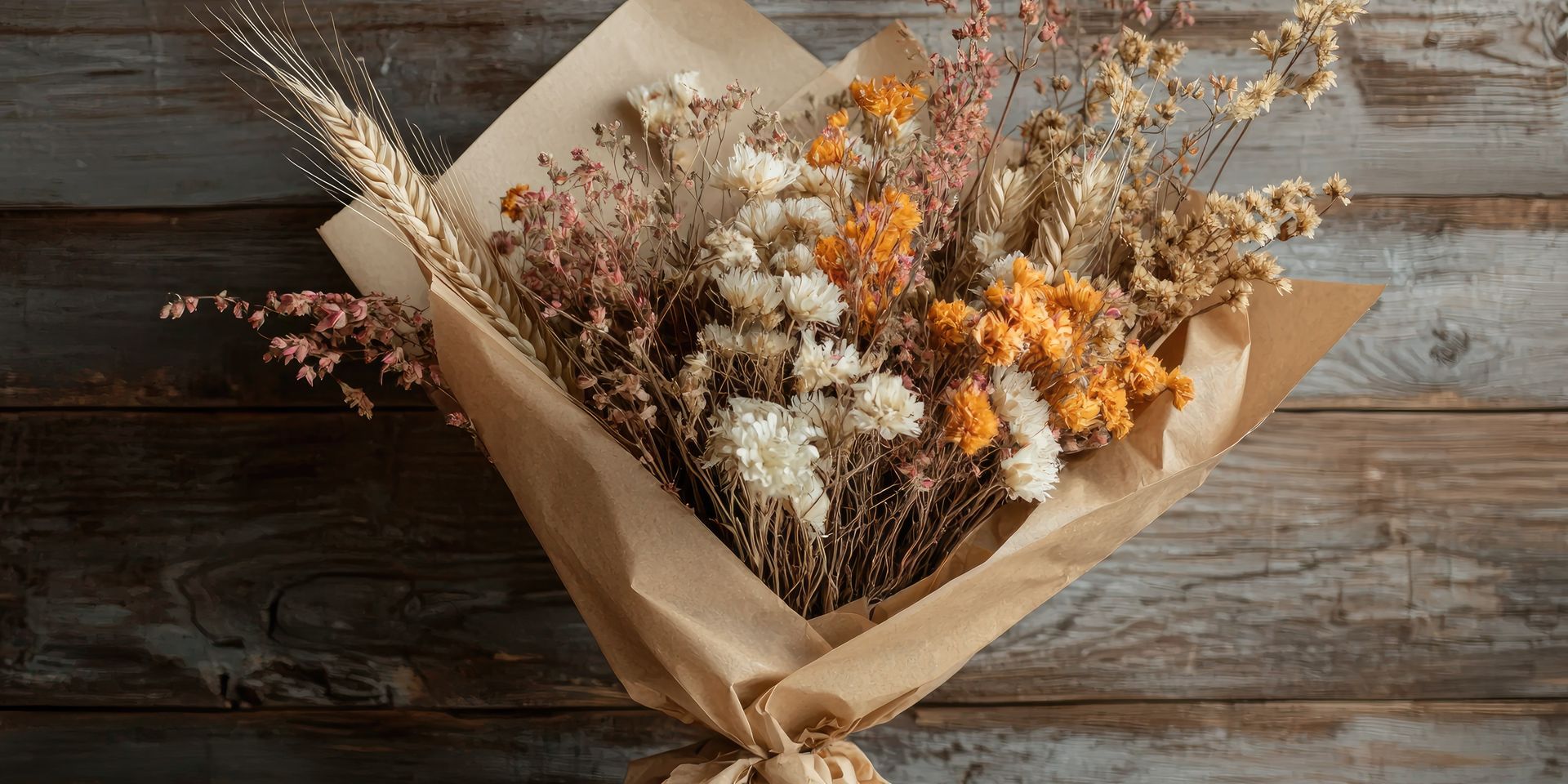 Bouquet de fleurs sauvages séchées enveloppé dans du papier brun sur une surface en bois