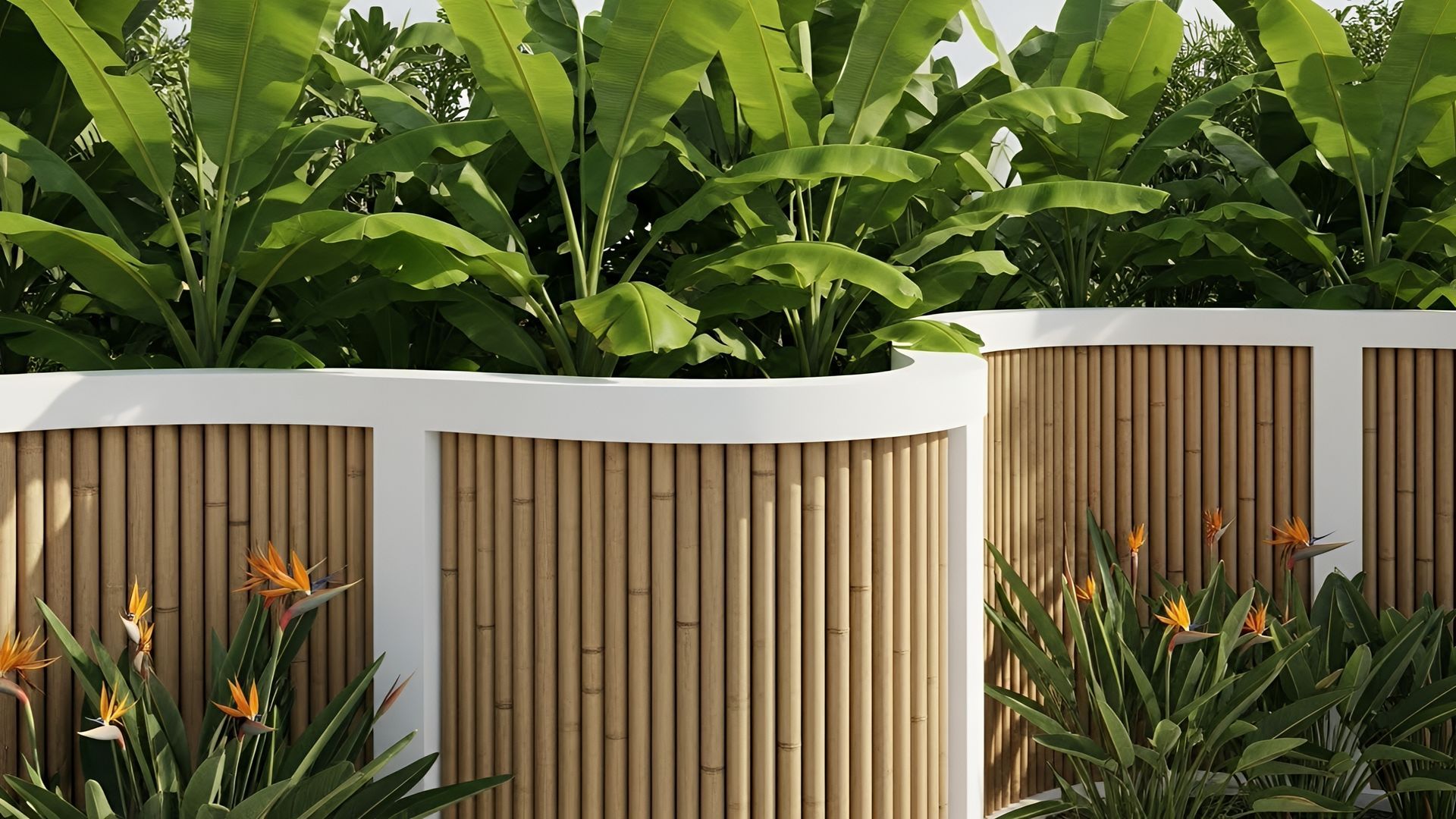 Jardin tropical moderne avec murs blancs, panneaux de bambou et végétation luxuriante.