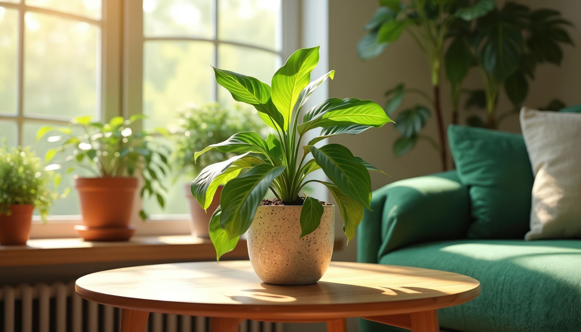Salon baigné de lumière avec des plantes en pot sur une table en bois à côté d'un canapé vert