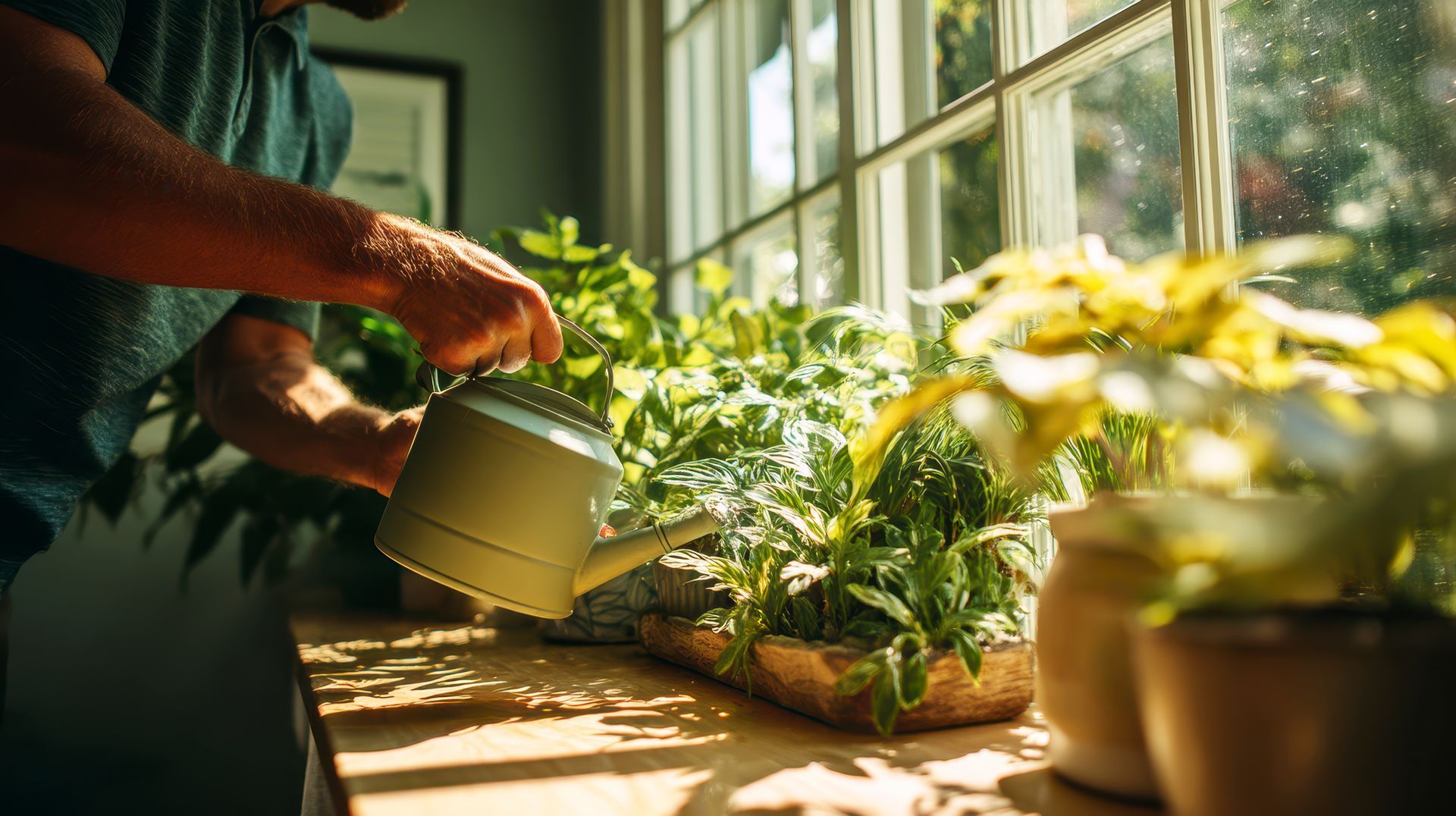 Des mains arrosent des herbes aromatiques en pot sur un rebord de fenêtre, parmi des plantes vertes et sous la vive lumière du matin.