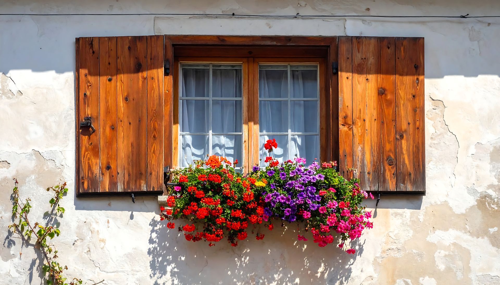 Volets en bois et fenêtre avec jardinières colorées sur un mur blanc.