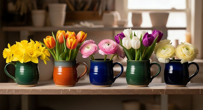 Des tulipes colorées dans des tasses en céramique alignées sur une étagère en bois près d'une fenêtre