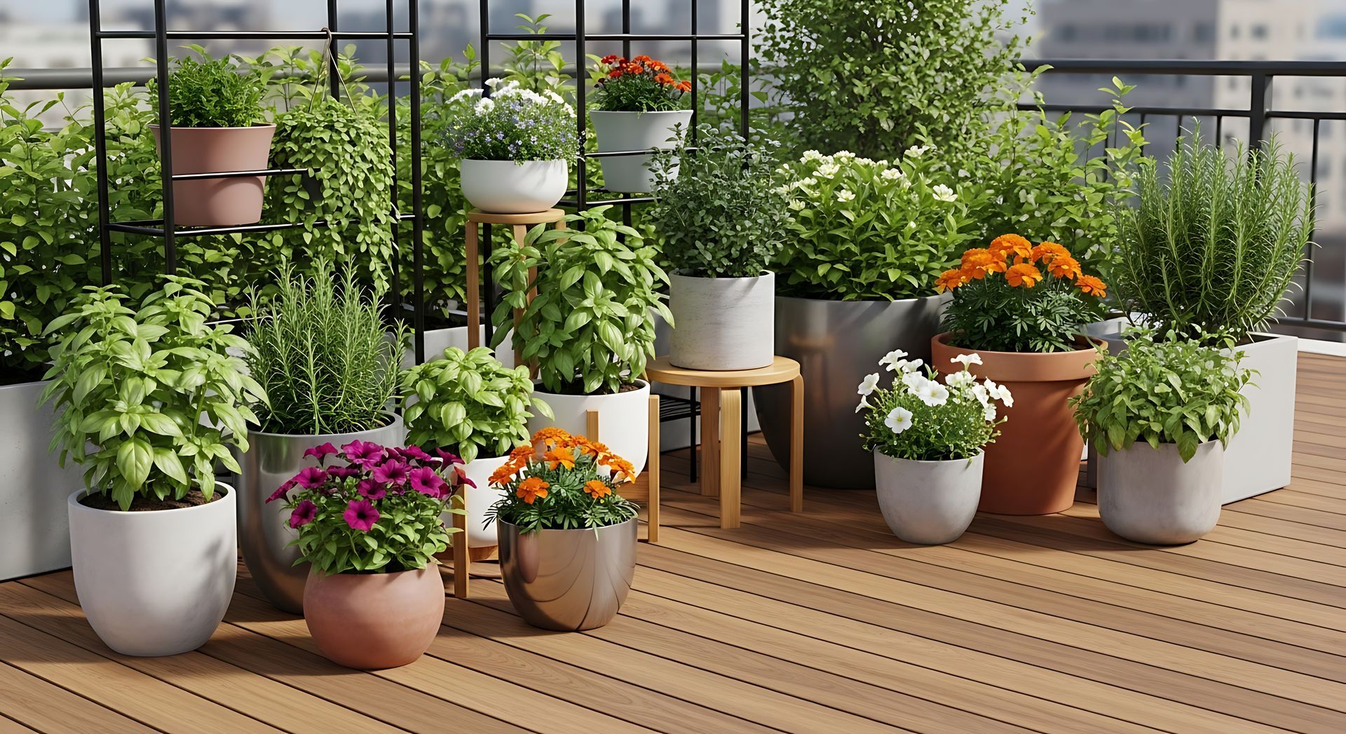 Fleurs et herbes aromatiques en pot disposées sur une terrasse en bois, près d'une clôture de jardin.
