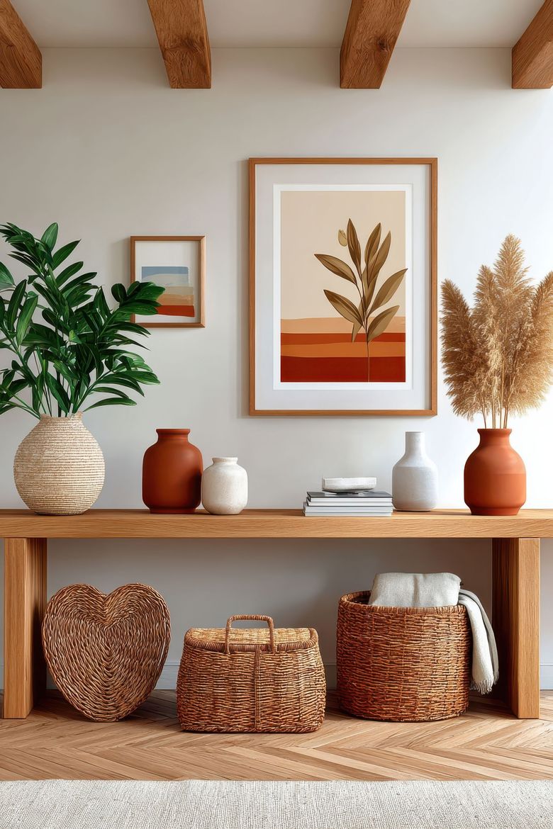 Étagère avec paniers tressés, vases en céramique, tableau encadré représentant des feuilles et plante en pot dans une pièce aux tons neutres et chaleureux