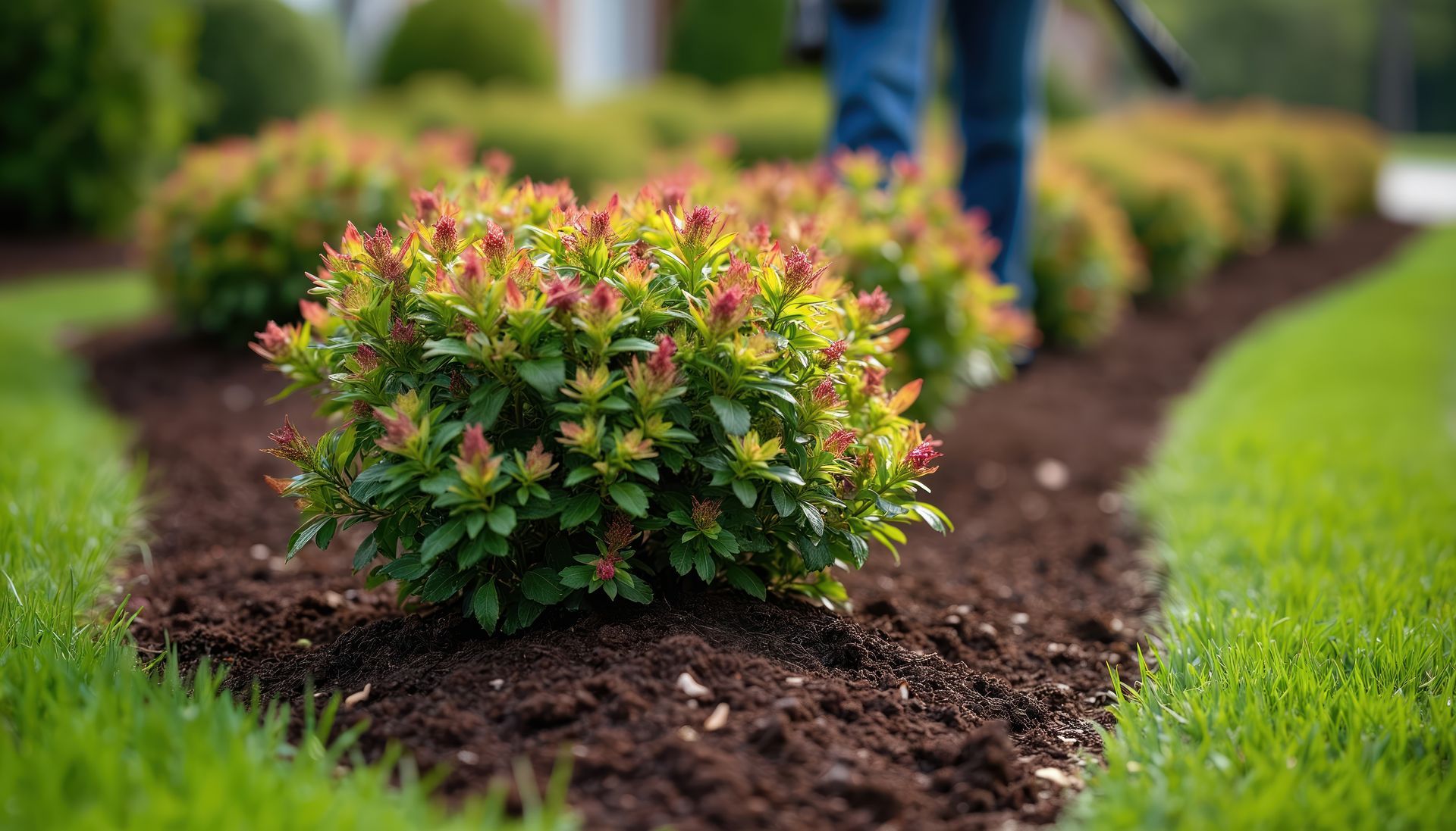 Arbuste en fleurs dans un parterre de jardin paysager, avec une personne floue en arrière-plan.