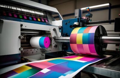 Imprenta que imprime un patrón geométrico colorido en un rollo largo de papel.