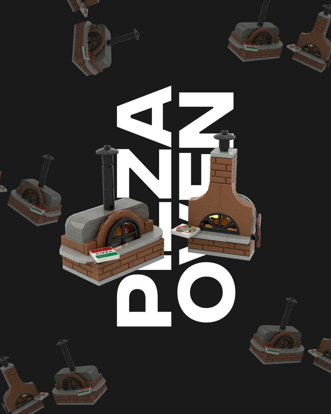 Pizzaöfen sind auf schwarzem Hintergrund verstreut und um das Wort „PIZZA“ angeordnet.