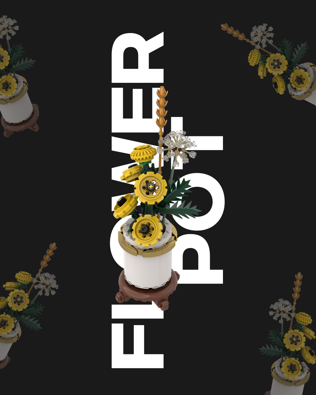 Gelber Blumentopf aus Legosteinen vor schwarzem Hintergrund mit sich wiederholenden kleineren Blumenarrangements.