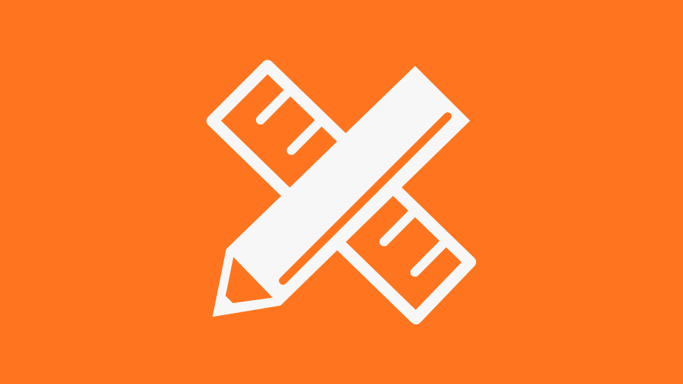 Weißes Symbol mit gekreuztem Bleistift und Lineal auf orangefarbenem Hintergrund