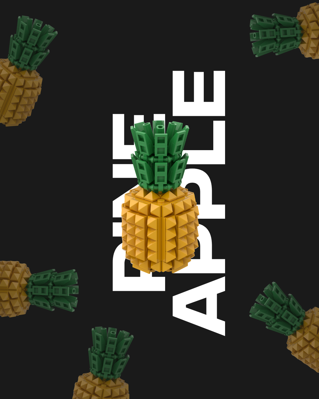Schwarzer Hintergrund mit weißem Apple-Schriftzug und mehreren pixelartigen Ananas um eine zentrale Ananasgrafik.