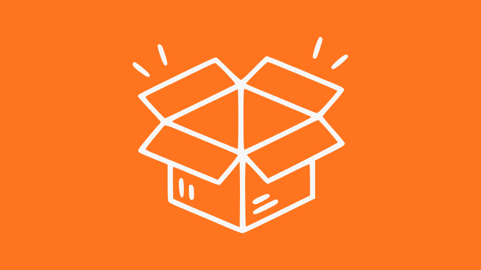 Weißes Symbol einer offenen Schachtel auf orangefarbenem Hintergrund mit Glitzer darüber.