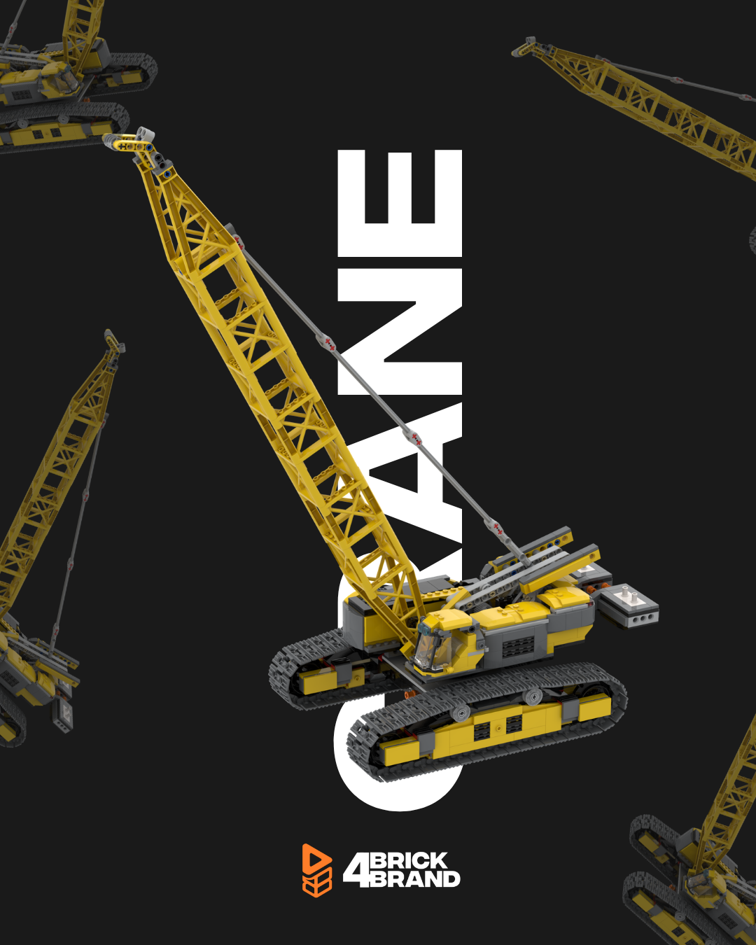 Gelbes Raupenkranmodell auf schwarzem Hintergrund mit vertikalem weißen „CRANE“-Schriftzug und BrickKraft-Logo.