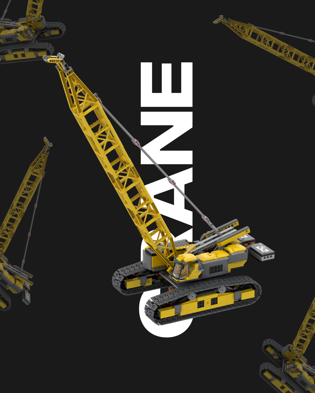 Gelber Baukran vor schwarzem Hintergrund mit dem Schriftzug „KRAN“ in Weiß. Mehrere Kräne sind dezent im Motiv wiederholt.