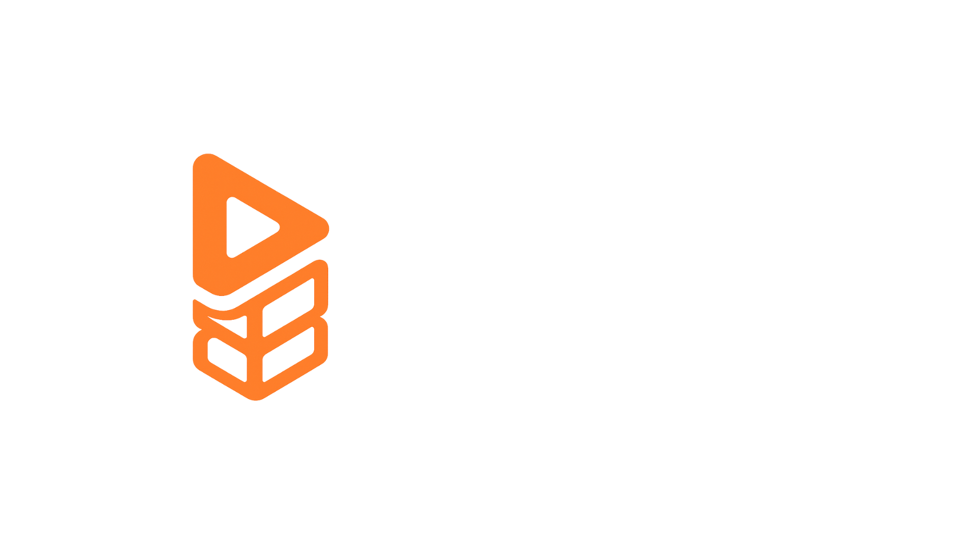 Orangefarbenes Logo mit einem Wiedergabe-Button-Symbol über gestapelten Kästchen.