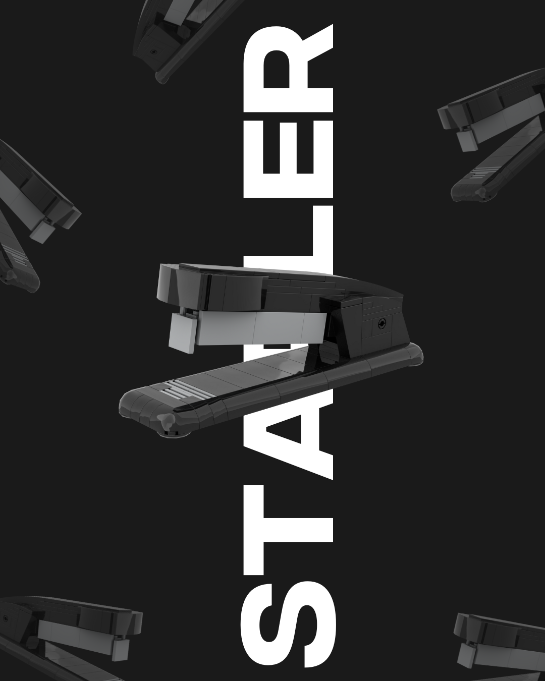 Schwarzer Hefter mit verstreuten Hefter-Silhouetten auf schwarzem Hintergrund. Weißer Schriftzug „STAPLER“ verläuft vertikal.