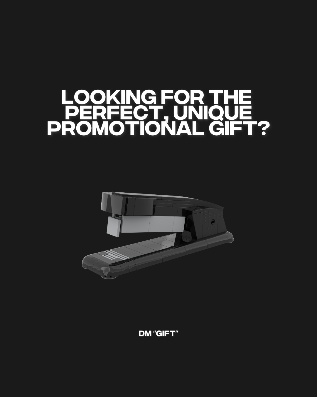 Schwarzer Hefter auf schwarzem Hintergrund, Text: „Suchen Sie das perfekte, einzigartige Werbegeschenk?“ „DM GIFT“ steht unten.