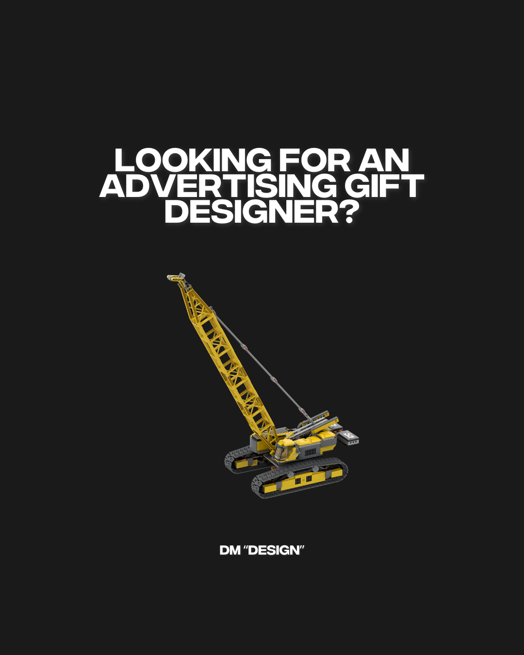 Schwarze Anzeige mit dem Text „Suchen Sie einen Designer für Werbegeschenke?“ und einem gelben Kranich. Das DM Design-Logo befindet sich unten.