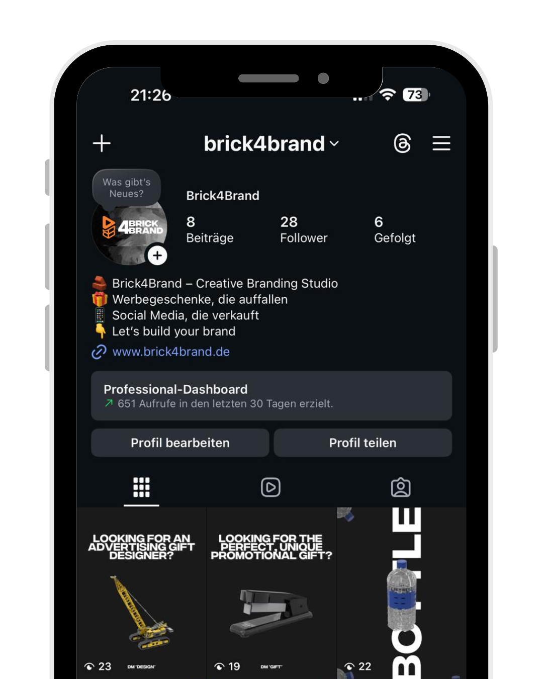 Screenshot des Instagram-Profils von brick4brand mit Beiträgen und Profildetails.
