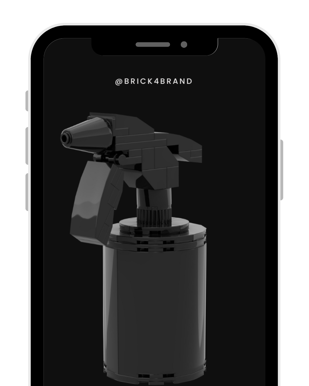 Schwarze Sprühflasche aus LEGO-Steinen auf einem Handybildschirm.