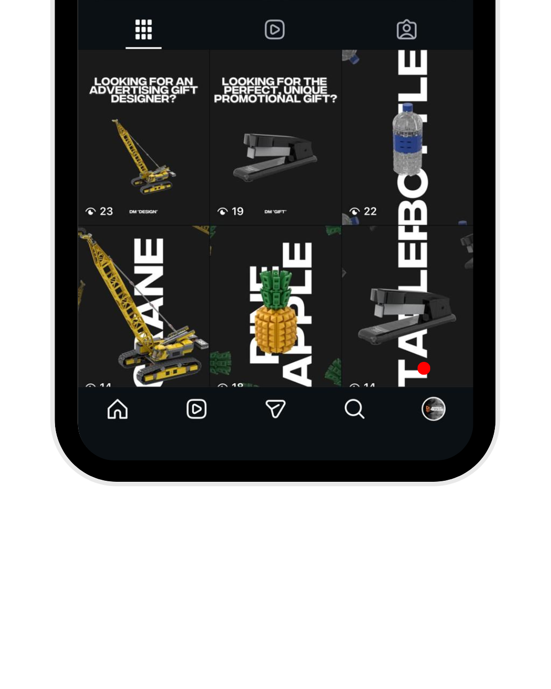 Instagram-Feed auf dem Handy, der Baufahrzeuge und Bürobedarf zeigt.