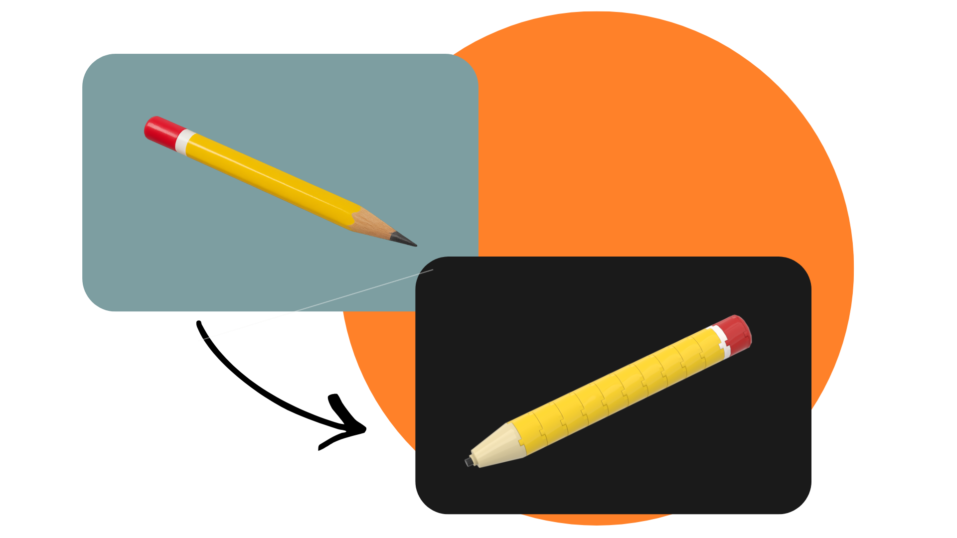 Ein Bleistiftstrich auf blauem Hintergrund verwandelt sich in einen Bleistiftstrich auf schwarzem Hintergrund mit einem orangefarbenen Kreis im Hintergrund.